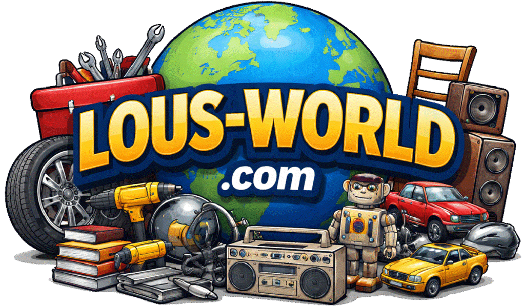 LOUS-WORLD.com hero image featuring a globe surrounded by a variety of used goods, including car parts, tools, vintage stereo equipment, books, toys, and furniture.